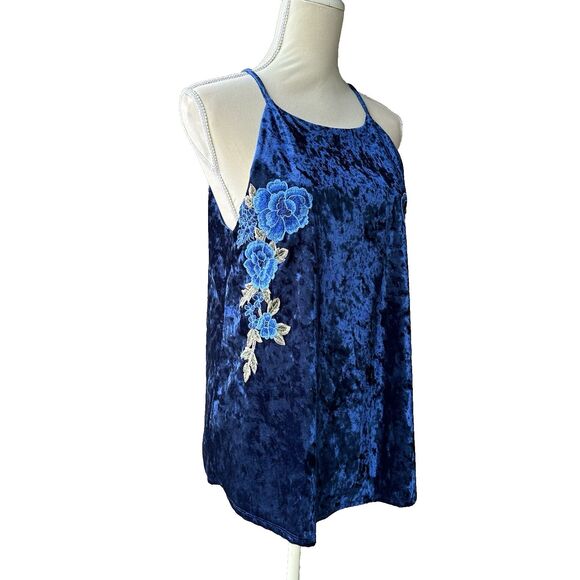 Charming Charlie Floral Applique Crushed Velvet Cami Tank Top Blue Womens Large - Picture 11 of 14